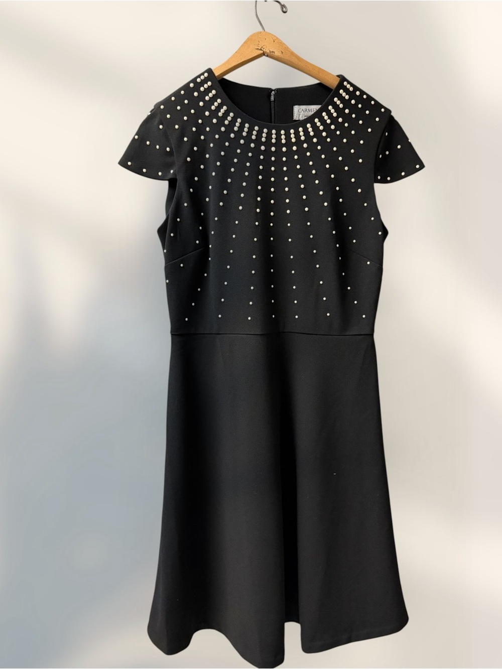 Carmen Marc Valvo Embellished Fit & Flare Dress Black Pearl Beaded Size 8